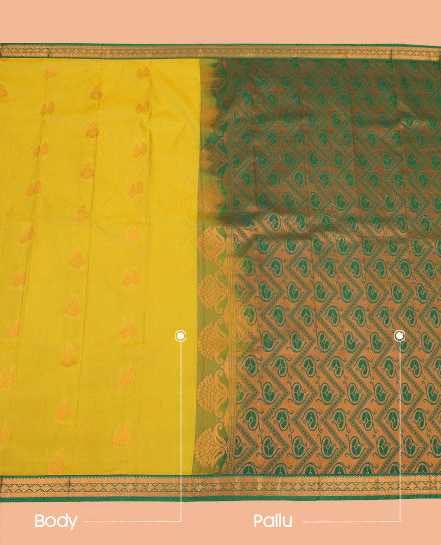 Green Budget Silk Saree Elevated with Zari Buttas, Featuring a Contrast Traditional Zari Design Small Border, Pallu Adorned with Floral Jaal Design, and a Contrast Blouse