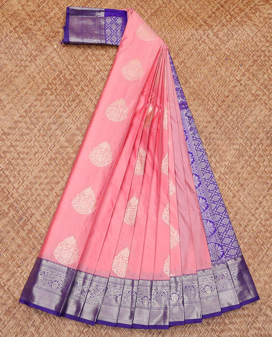 Pink Budget Silk Saree, Adorned with Zari Buttas All Over Its Body, Complemented by a Contrast Traditional Zari Design Border, Grand Jaal Pallu, and Paired with a Contrast Blouse
