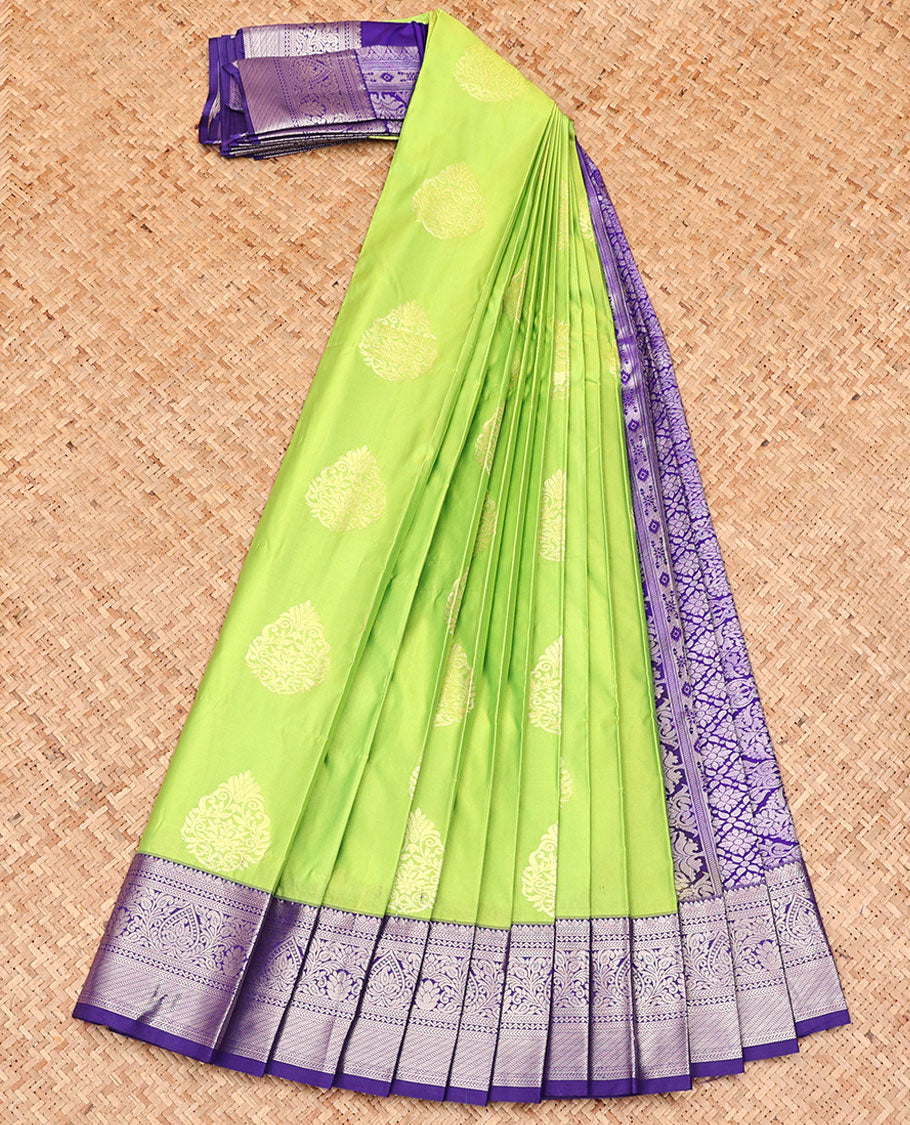 Parrot Green Budget Silk Saree, Adorned with Zari Buttas All Over Its Body, Complemented by a Contrast Traditional Zari Design Border, Grand Jaal Pallu, and Paired with a Contrast Blouse