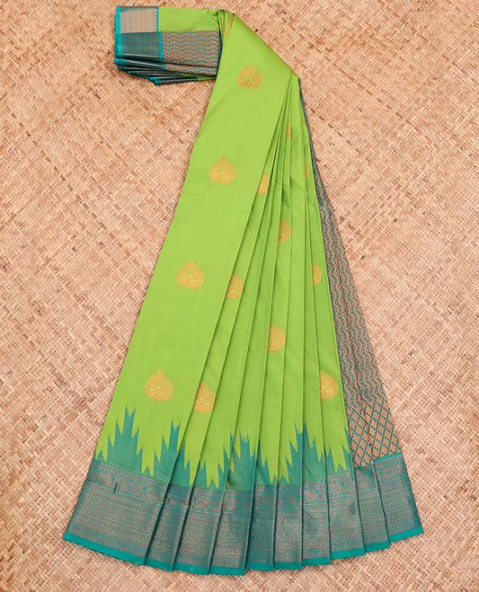 Green Budget Silk Saree, Adorned with Buttas All Over Its Body, Complemented by a Contrast Temple Traditional Zari Design Border, Geometric-Patterned Pallu, and Paired with a Contrast Blouse