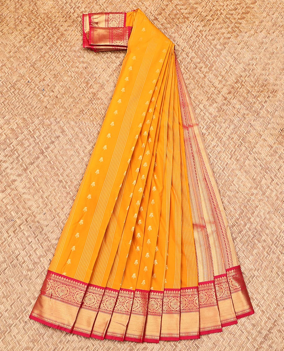 Yellow Budget Silk Saree, Subtly Sparkled with Buttas and Stripes on Its Body, Complemented by a Contrast Traditional Zari Design Border, Geometric-Patterned Pallu, and Paired with a Contrast Blouse