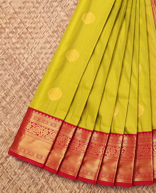 Green Budget Silk Saree, Adorned with Zari Buttas and Stripes, Complemented by Contrast Traditional Zari Border, Grand Pallu, and a Contrast Blouse