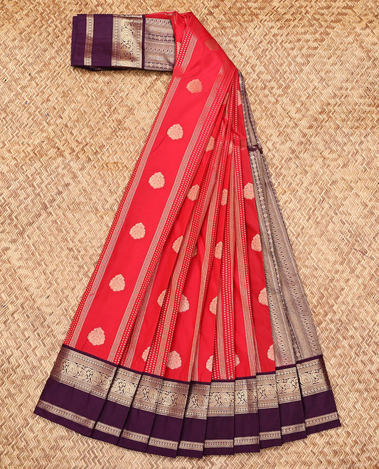 Red Budget Silk Saree, Gracefully Embellished with Zari Buttas and Stripes, Complemented by a Contrast Traditional Zari Border, Geometric Pallu, and a Contrast Blouse