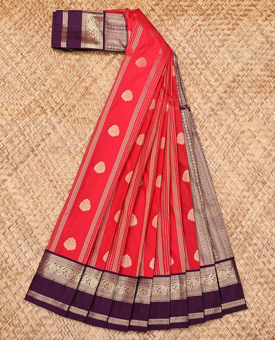 Red Budget Silk Saree, Gracefully Embellished with Zari Buttas and Stripes, Complemented by a Contrast Traditional Zari Border, Geometric Pallu, and a Contrast Blouse