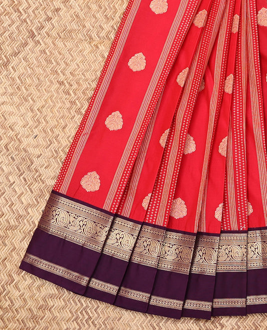 Red Budget Silk Saree, Gracefully Embellished with Zari Buttas and Stripes, Complemented by a Contrast Traditional Zari Border, Geometric Pallu, and a Contrast Blouse