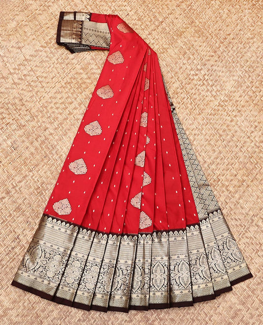 Red Budget Silk Saree, Adorned with Zari Buttas, Complemented by a Contrast Traditional Zari Border, Grand Pallu, and a Contrast Blouse