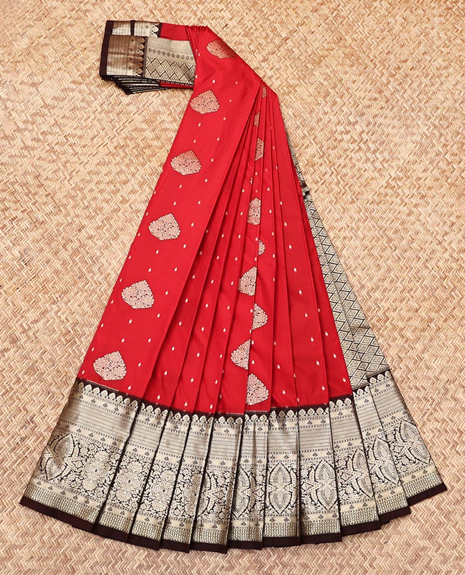 Red Budget Silk Saree, Adorned with Zari Buttas, Complemented by a Contrast Traditional Zari Border, Grand Pallu, and a Contrast Blouse