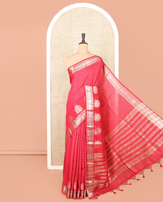 Pink Assam Silk Saree, Adorned with Zari Checks, Highlighted by a Traditional Zari Border, Zari Design Pallu, and a Matching Blouse