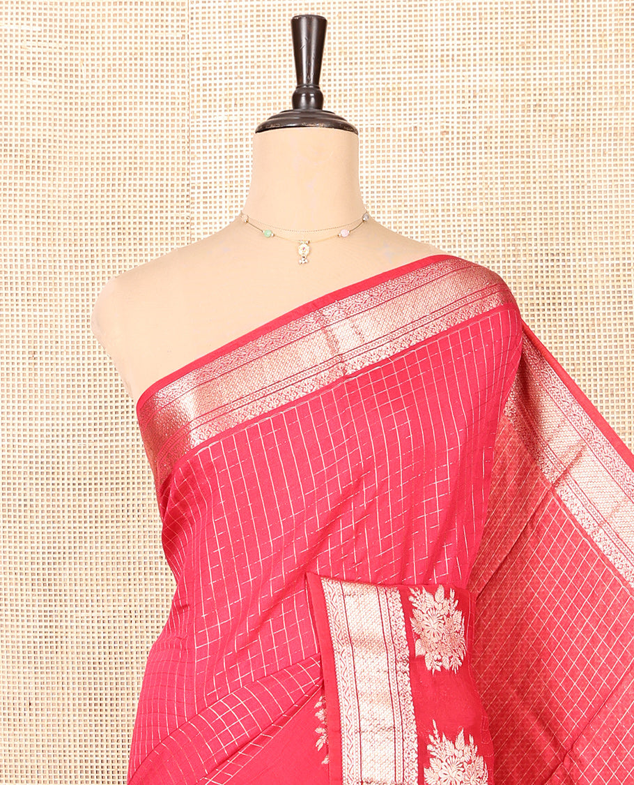 Pink Assam Silk Saree, Adorned with Zari Checks, Highlighted by a Traditional Zari Border, Zari Design Pallu, and a Matching Blouse