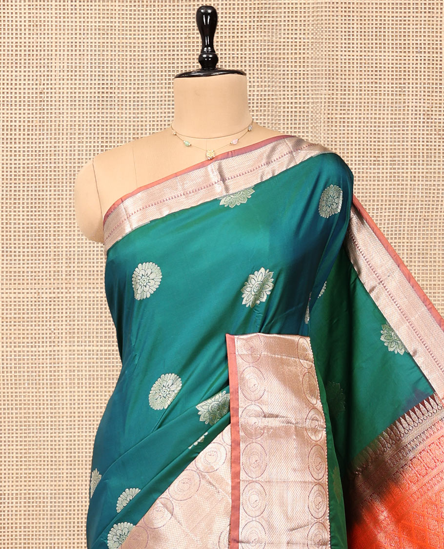 Green Budget Silk Saree, Adorned with Zari Buttas, Complemented by a Contrast Traditional Zari Border, Grand Jaal Pallu, and Contrast Blouse