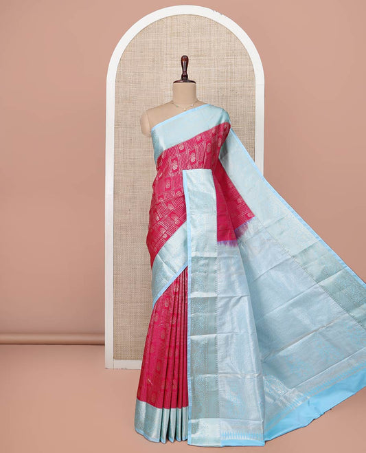 Pink Budget Silk Saree, Elevated with Jacquard Design All Over Its Body, Complemented by a Contrast Traditional Zari Design Border, Elegantly Highlighted Pallu, and Paired with a Contrast Blouse