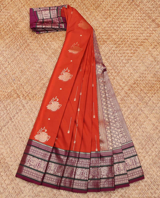 Orange Budget Silk Saree, Adorned with Zari Buttas All Over Its Body, Complemented by Contrast Traditional Zari Designs Woven Border, Grand Pallu and Paired with a Contrast Blouse