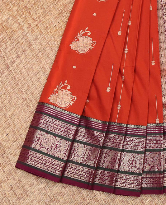 Orange Budget Silk Saree, Adorned with Zari Buttas All Over Its Body, Complemented by Contrast Traditional Zari Designs Woven Border, Grand Pallu and Paired with a Contrast Blouse