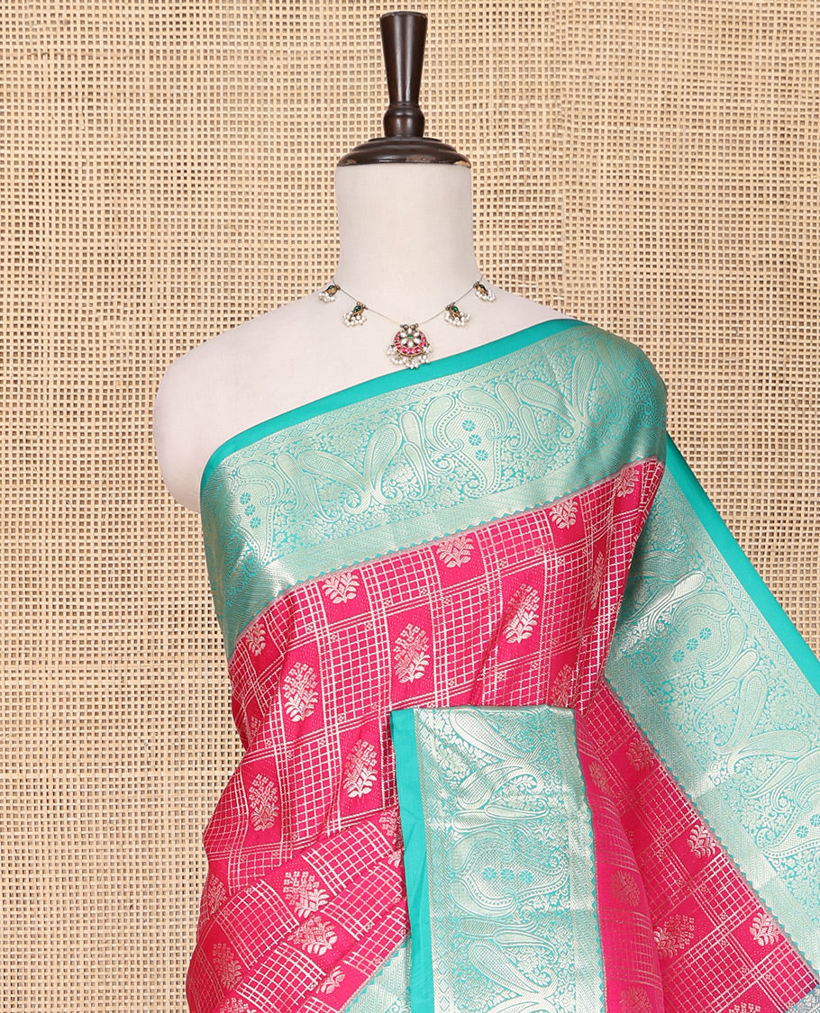 Pink Budget Silk Saree, Gracefully Embellished with Jacquard All Over Its Body, Complemented by a Contrast Paisley Zari Design Border, Mughal-Style, Intricately Patterned Pallu, and Paired with a Contrast Blouse