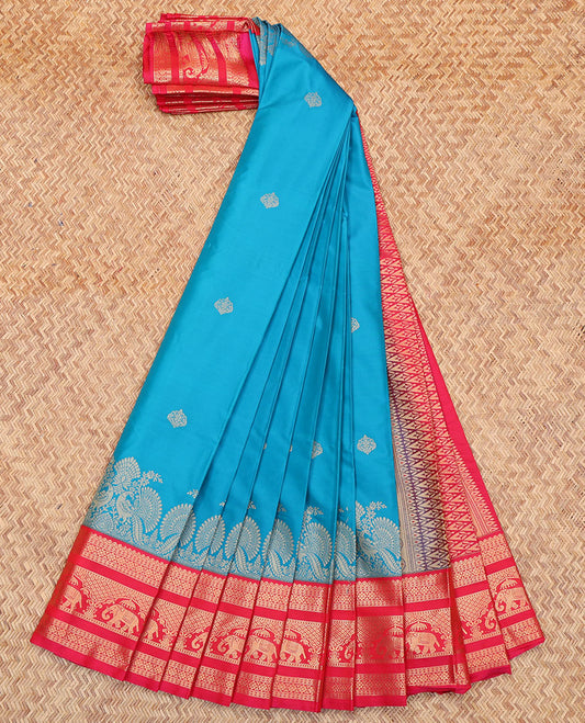 Blue Budget Silk Saree, Adorned with Zari Buttas All Over Its Body, Complemented by a Contrast Traditional Border of Elephant Motifs, Grand Jaal Pallu, and Paired with a Contrast Blouse