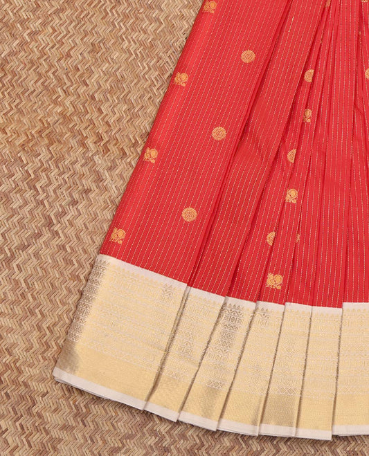 Red Budget Silk Saree, Adorned with Zari Stripes and Buttas All Over Its Body, Complemented by Contrast Traditional Zari Designs Woven Border, Chevron Striped Pallu and Paired with a Contrast Blouse