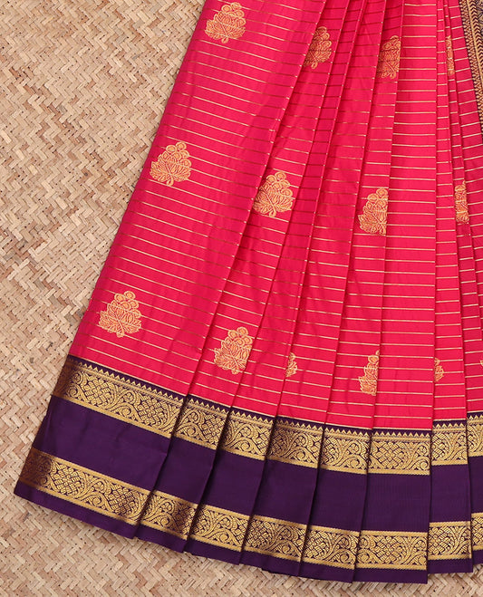 Rani Pink Budget Silk Saree, Delicately Woven with Zari Buttas and Stripes All Over Its Body, Complemented by a Contrast Traditional Zari Design Rettai Pettu Border, Grand Jaal Pallu, and Paired with a Contrast Blouse
