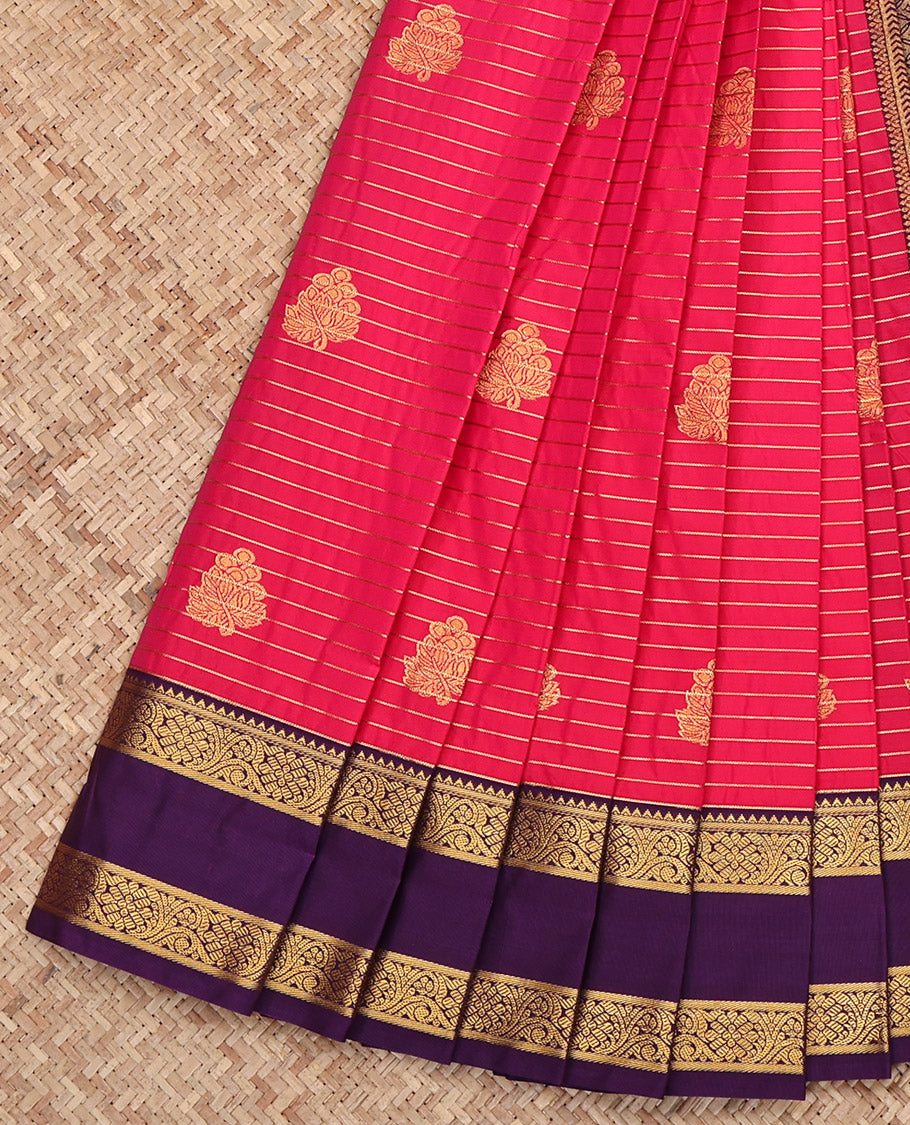 Rani Pink Budget Silk Saree, Delicately Woven with Zari Buttas and Stripes All Over Its Body, Complemented by a Contrast Traditional Zari Design Rettai Pettu Border, Grand Jaal Pallu, and Paired with a Contrast Blouse