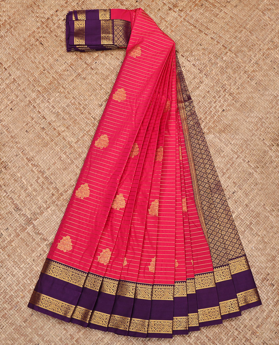 Rani Pink Budget Silk Saree, Delicately Woven with Zari Buttas and Stripes All Over Its Body, Complemented by a Contrast Traditional Zari Design Rettai Pettu Border, Grand Jaal Pallu, and Paired with a Contrast Blouse