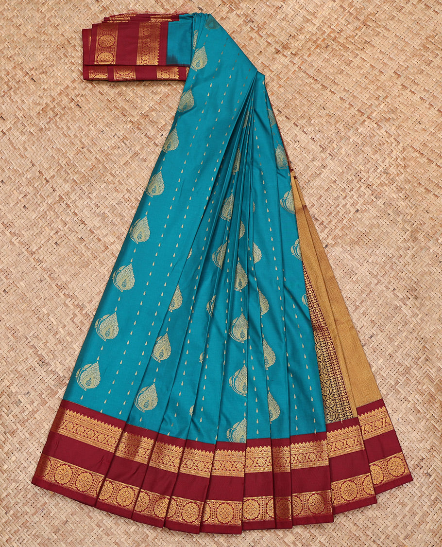 Blue Budget Silk Saree, Adorned with Zari Buttas All Over Its Body, Complemented by a Contrast Traditional Zari Design Rettai Pettu Border, Intricately Designed Pallu, and Paired with a Contrast Blouse