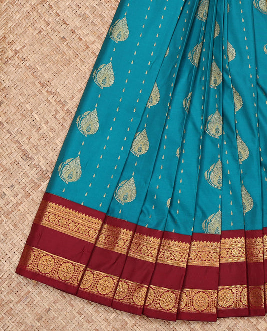 Blue Budget Silk Saree, Adorned with Zari Buttas All Over Its Body, Complemented by a Contrast Traditional Zari Design Rettai Pettu Border, Intricately Designed Pallu, and Paired with a Contrast Blouse