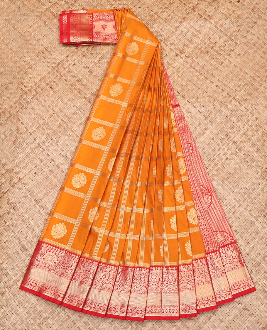 Orange Budget Silk Saree, Finely Crafted with Zari Butta Enclosed Checked Design on Its Body, Complemented by a Contrast Traditional Zari Design Border, Pallu of Paisleys, and Paired with a Contrast Blouse