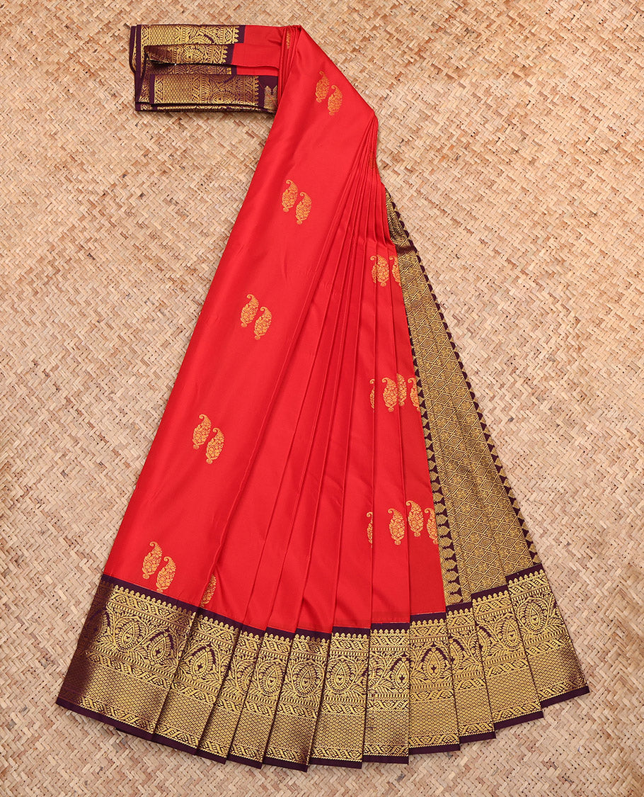 Orange Budget Silk Saree, Decorated with Zari Buttas, Complemented by Contrast Traditional Zari Border, Jaal Pallu and a Contrast Blouse