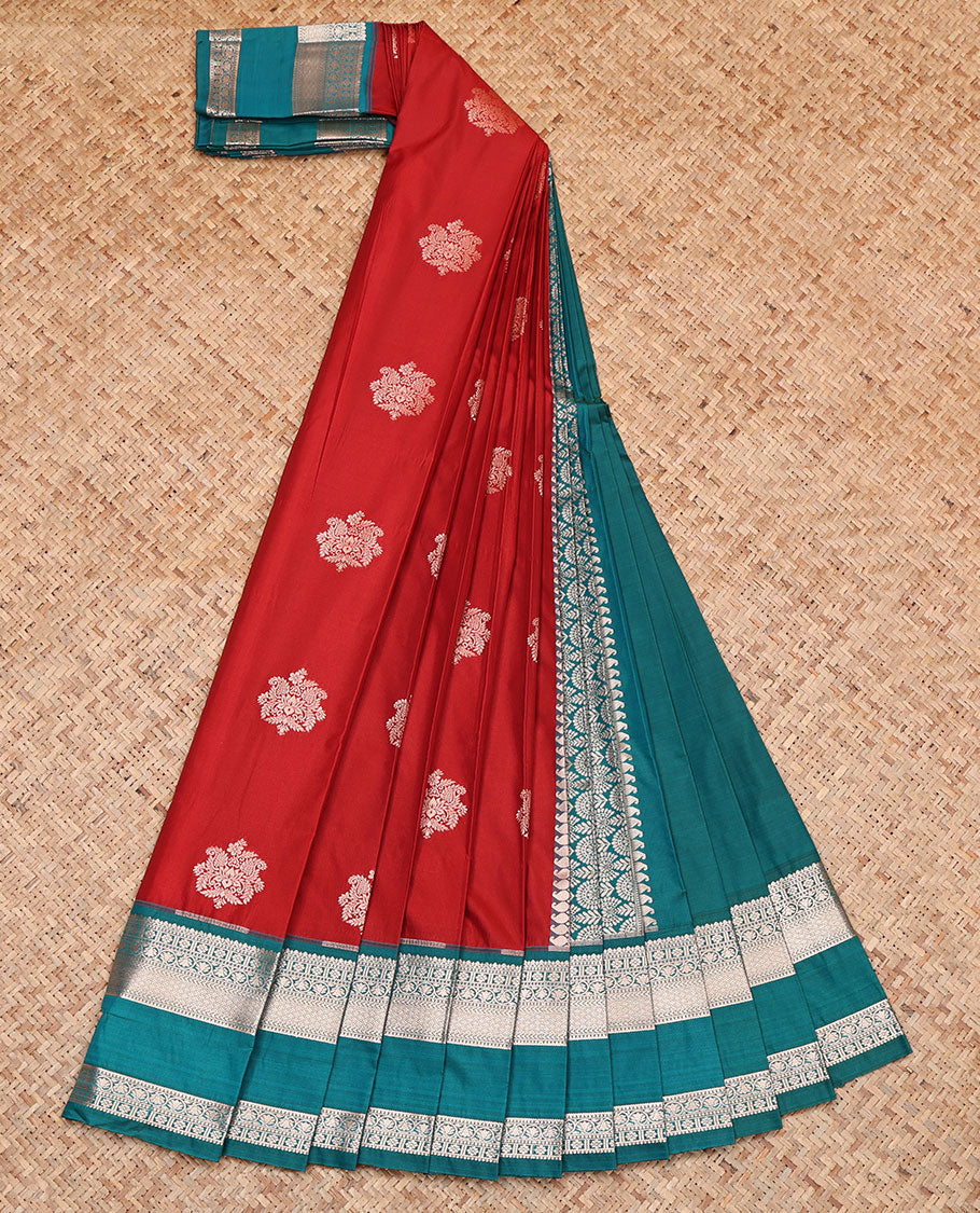 Red Budget Silk Saree, Adorned with Zari Buttas, Complemented by a Contrast Traditional Zari Rettai Pettu Border, Pallu of Intricate Design, and a Contrast Blouse