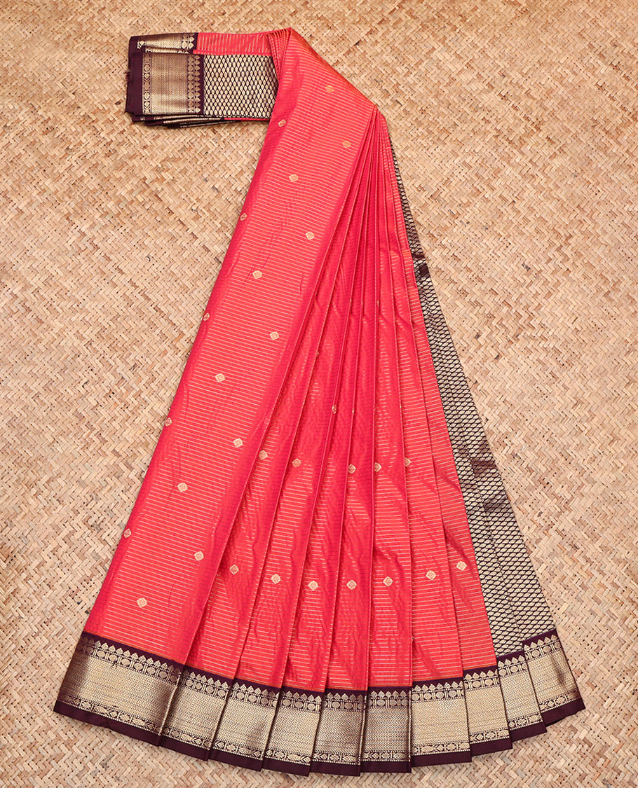 Red Budget Silk Saree, Adorned with Zari Buttas and Stripes, Complemented by Contrast Traditional Zari Border, Jaal Pallu, and Comes with a Contrast Blouse