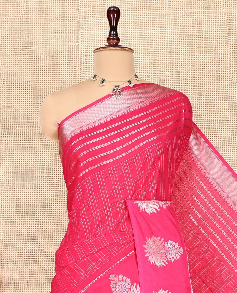 Pink Assam Silk Saree, Gracefully Embellished with Zari Checks, a Traditional Zari Border, Pallu of Floral Butta Enclosed Checks, and a Jacquard Blouse