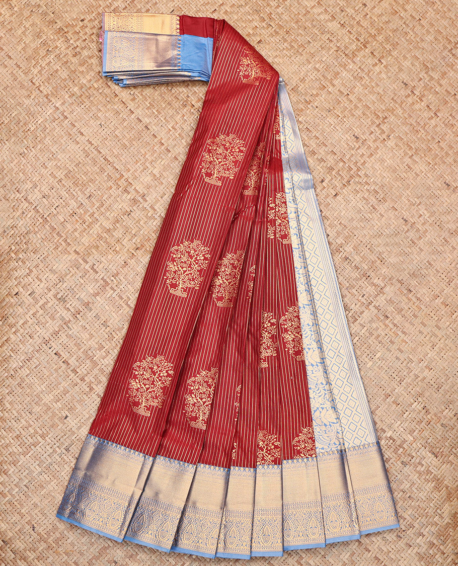 Red Budget Silk Saree, Adorned with Zari Buttas and Stripes, Contrast Traditional Zari Border, Jaal Pallu, and a Contrast Blouse