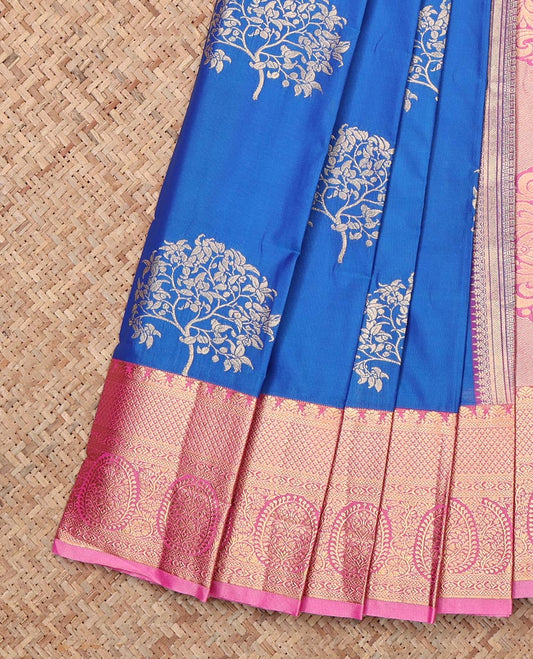 Blue Budget Silk Saree, Adorned with Tree Motifs, Complemented by Contrast Traditional Zari Border, Grand Pallu and Contrast Blouse
