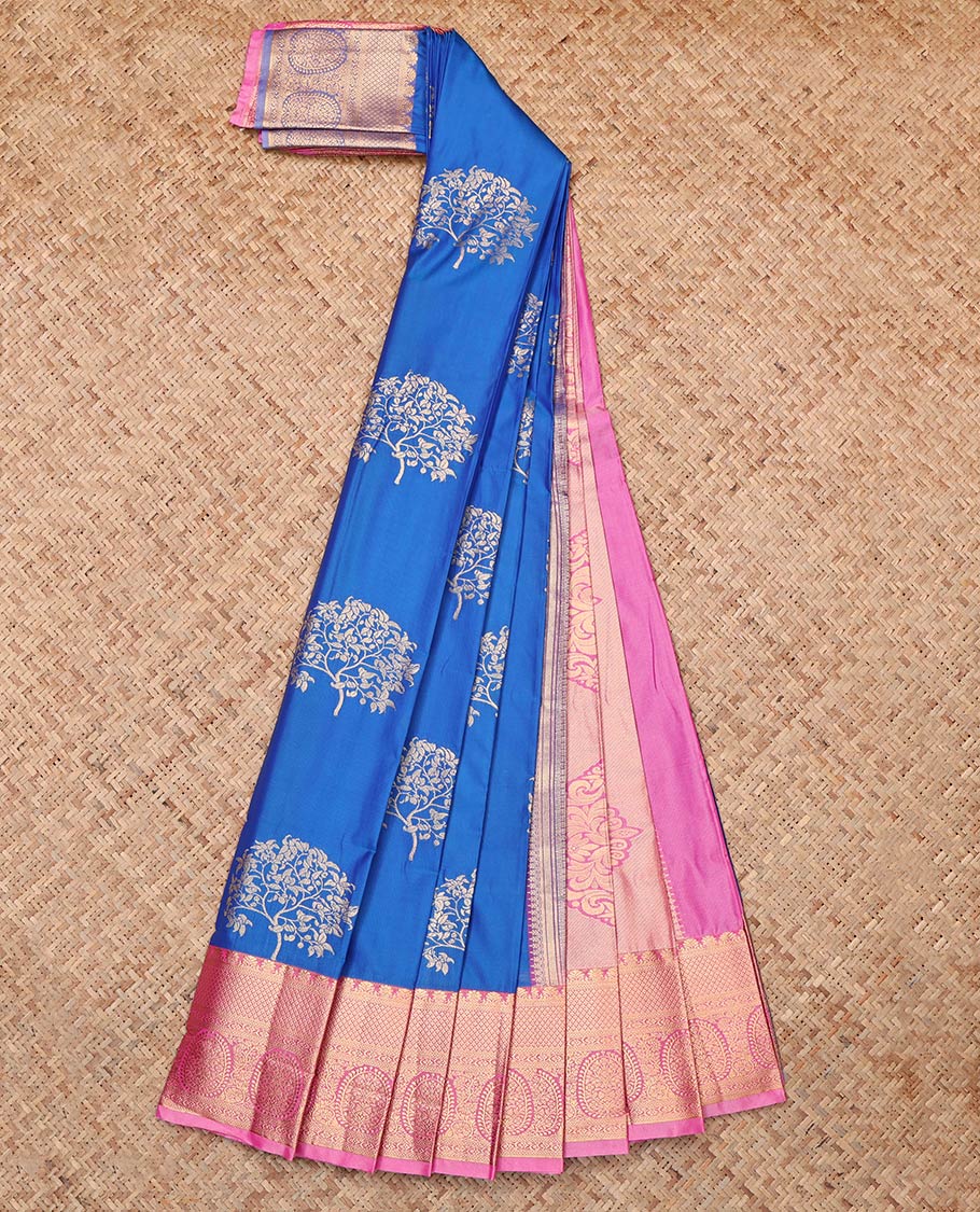 Blue Budget Silk Saree, Adorned with Tree Motifs, Complemented by Contrast Traditional Zari Border, Grand Pallu and Contrast Blouse