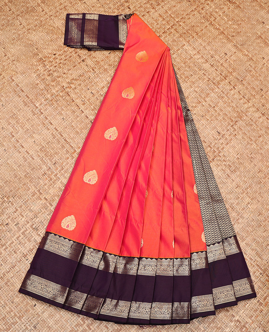 Orange Budget Silk Saree, Adorned with Zari Buttas, Complemented by Contrast Traditional Rettai Pettu Border, Grand Pallu, and a Contrast Blouse