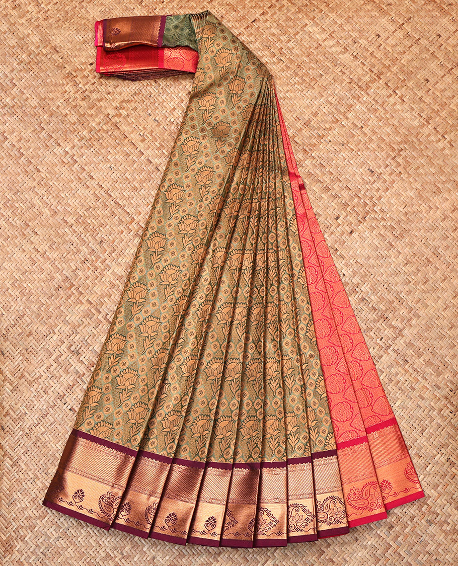 Green Budget Silk Saree, Accentuated with Jacquard Design, Contrast Traditional Zari Border, Intricate Pallu and a Contrast Blouse