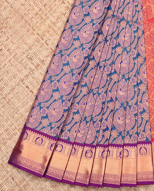 Blue Budget Silk Saree, Richly Detailed with Jacquard Design, Complemented by a Contrast Traditional Zari Border, Grand Pallu and a Contrast Blouse