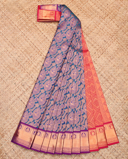 Blue Budget Silk Saree, Richly Detailed with Jacquard Design, Complemented by a Contrast Traditional Zari Border, Grand Pallu and a Contrast Blouse