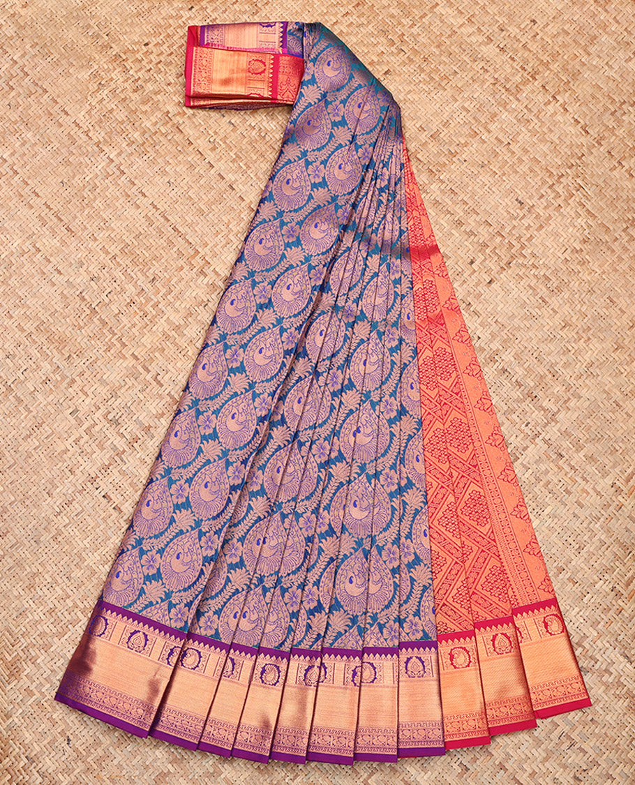Blue Budget Silk Saree, Richly Detailed with Jacquard Design, Complemented by a Contrast Traditional Zari Border, Grand Pallu and a Contrast Blouse
