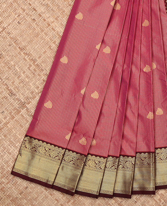Red Budget Silk Saree, Adorned with Zari Buttas and Checks, Complemented by a Contrast Traditional Zari Border, Geometric Pallu, and a Contrast Blouse