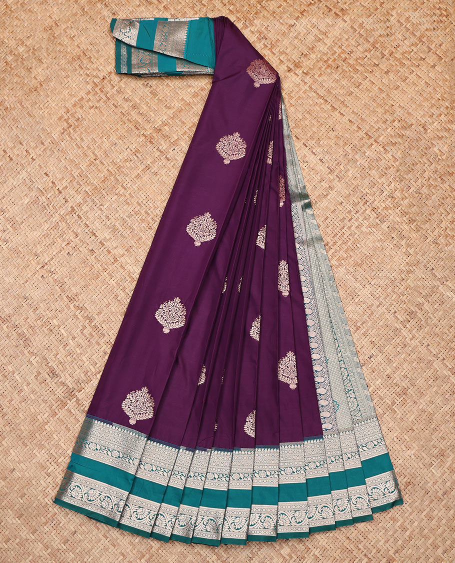 Purple Budget Silk Saree, Mesmerized with Zari Buttas, Complemented by a Contrast Traditional Zari Rettai Pettu Border, Grand Pallu, and Contrast Blouse