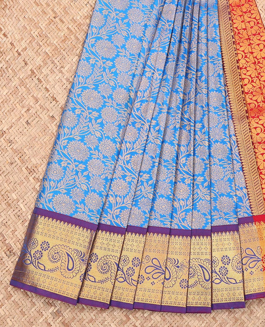 Blue Budget Silk Saree, Adorned with Floral Jacquard, Complemented by a Contrast Traditional Zari Border, Grand Pallu, and a Contrast Blouse
