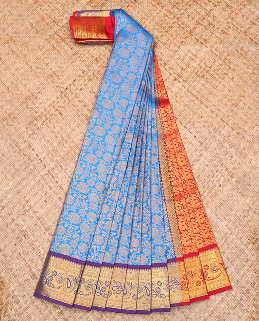 Blue Budget Silk Saree, Adorned with Floral Jacquard, Complemented by a Contrast Traditional Zari Border, Grand Pallu, and a Contrast Blouse