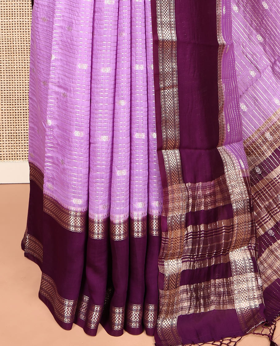 Lavender Assam Silk Saree, Adorned with Zari Stripes, Complemented by Contrast Traditional Zari Border, Zari Design Pallu, and a Contrast Blouse