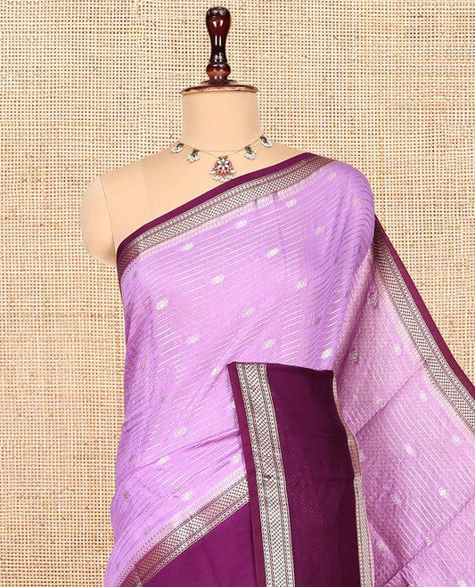 Lavender Assam Silk Saree, Adorned with Zari Stripes, Complemented by Contrast Traditional Zari Border, Zari Design Pallu, and a Contrast Blouse
