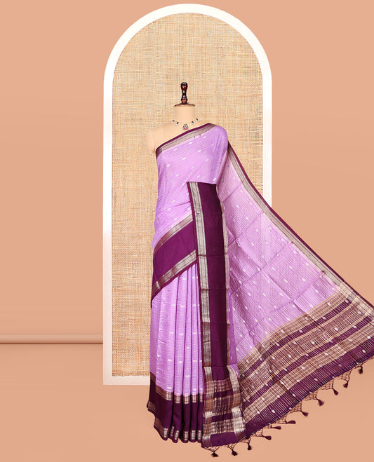 Lavender Assam Silk Saree, Adorned with Zari Stripes, Complemented by Contrast Traditional Zari Border, Zari Design Pallu, and a Contrast Blouse