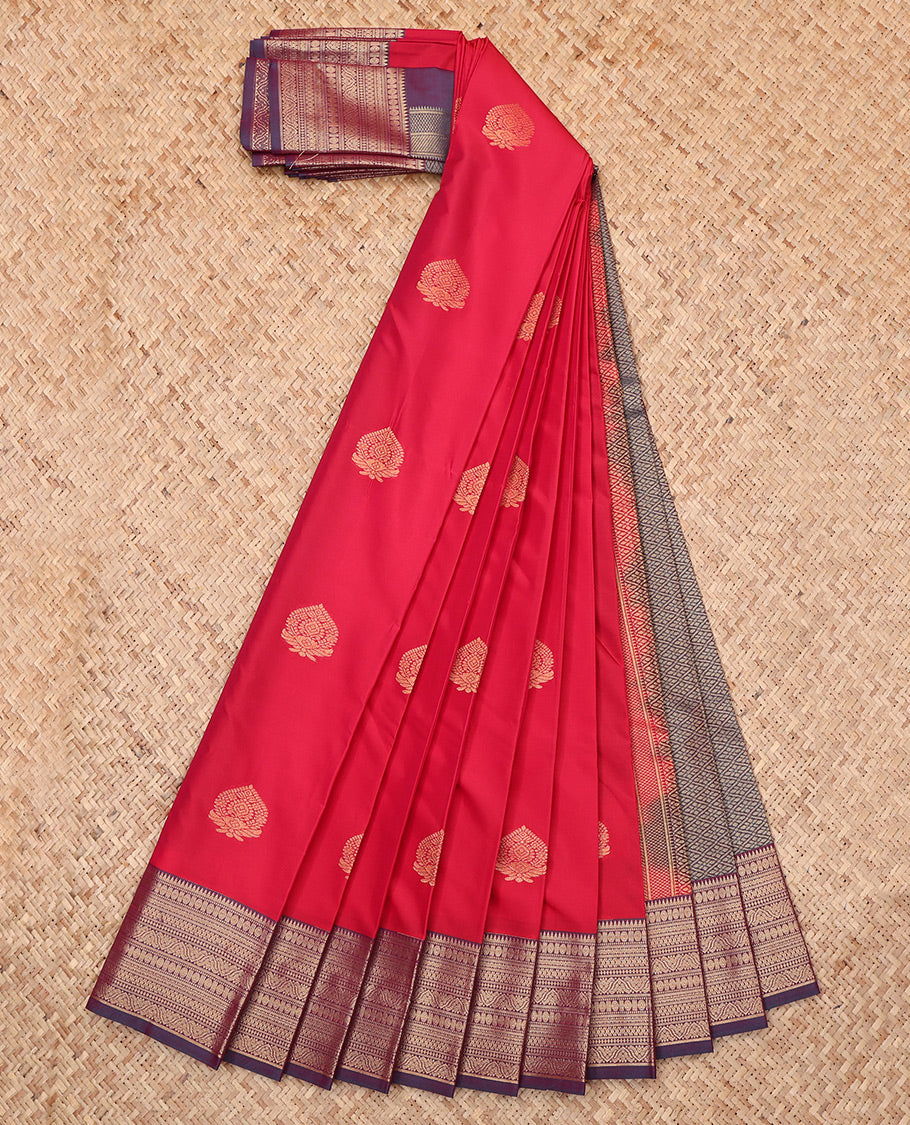 Red Budget Silk Saree, Detailed with Zari Buttas, Complemented by a Contrast Traditional Zari Border, Jaal Pallu, and Contrast Blouse