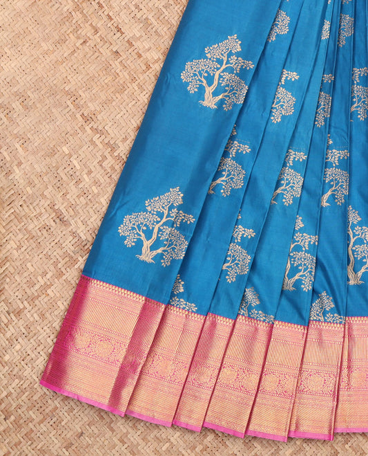 Blue Budget Silk Saree, Adorned with Tree Buttas, Complemented by a Contrast Traditional Zari Border, Grand Pallu, and a Contrast Blouse