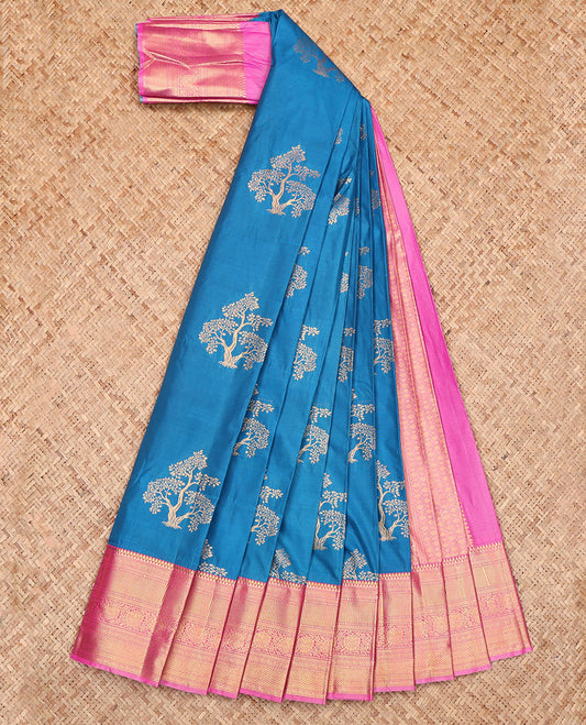 Blue Budget Silk Saree, Adorned with Tree Buttas, Complemented by a Contrast Traditional Zari Border, Grand Pallu, and a Contrast Blouse