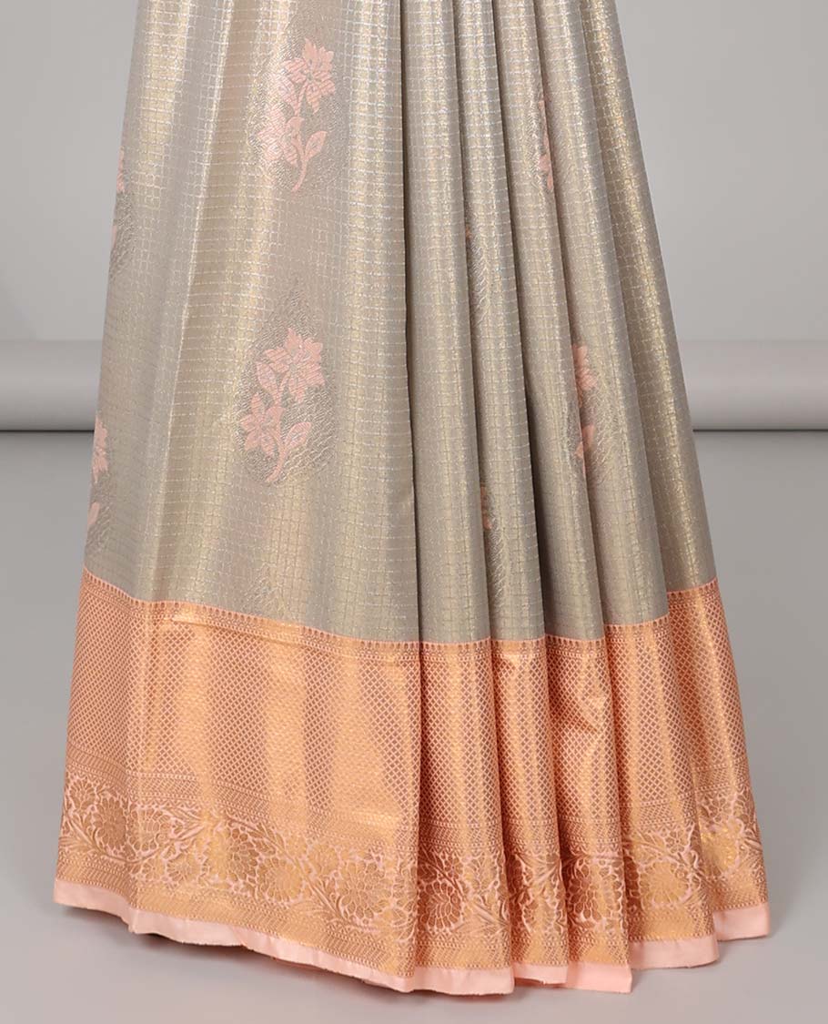Grey checked, floral motifs semi tissue saree with contrast floral zari design border & intricate zari design pallu