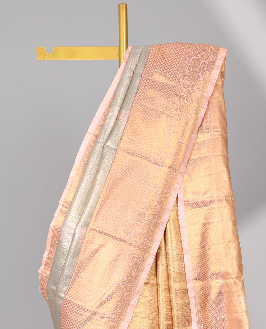 Grey checked, floral motifs semi tissue saree with contrast floral zari design border & intricate zari design pallu